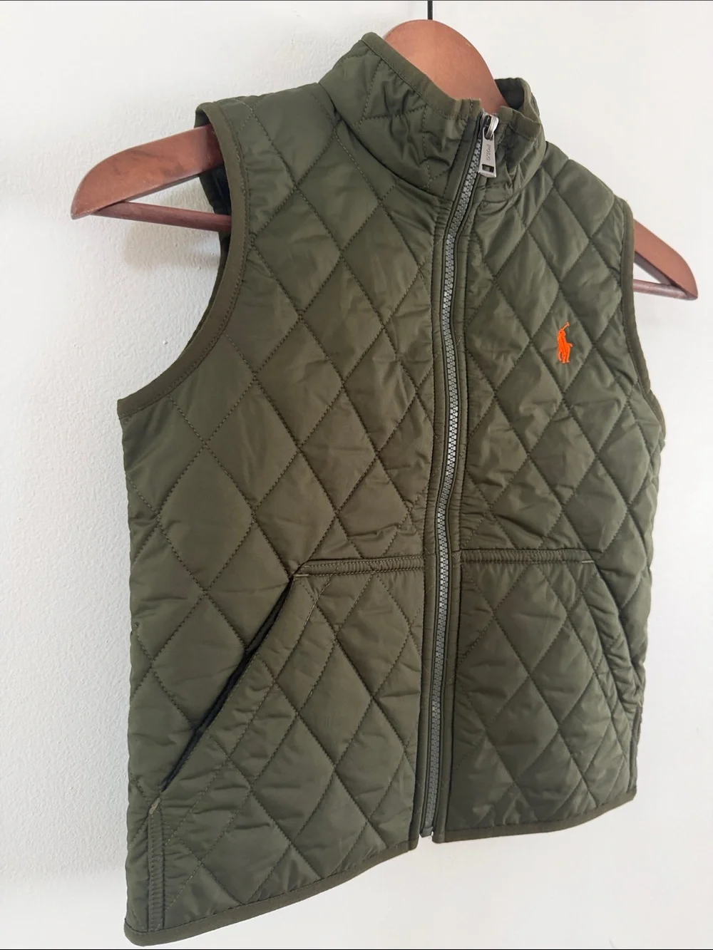 Ralph Lauren Kids Quilted Olive Vest with Orange Pony